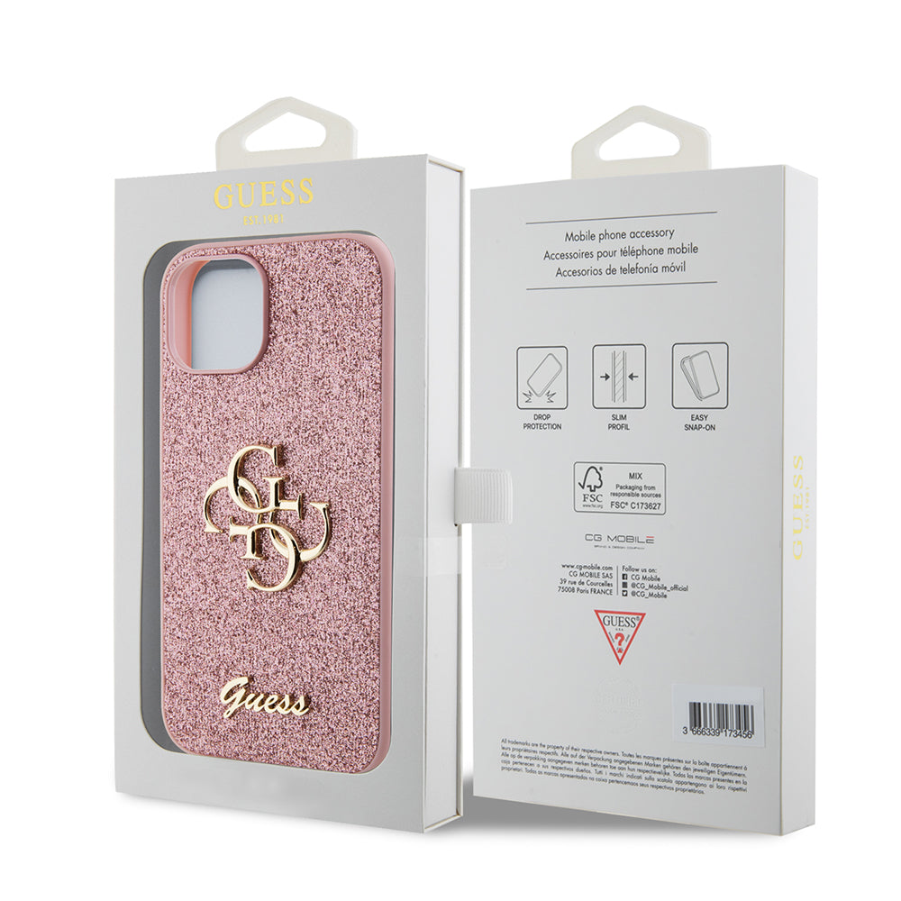 Capa para Apple iPhone 15, Guess, Glitter Big 4G Script, Rosa