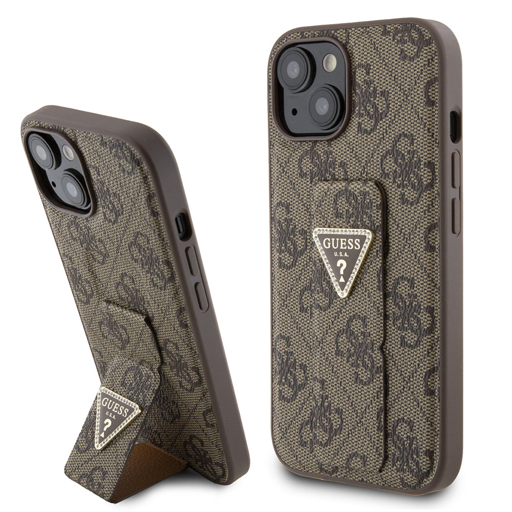 Capa para Apple iPhone 15, Guess, Grip Stand 4G Triangle Strass, Marrom