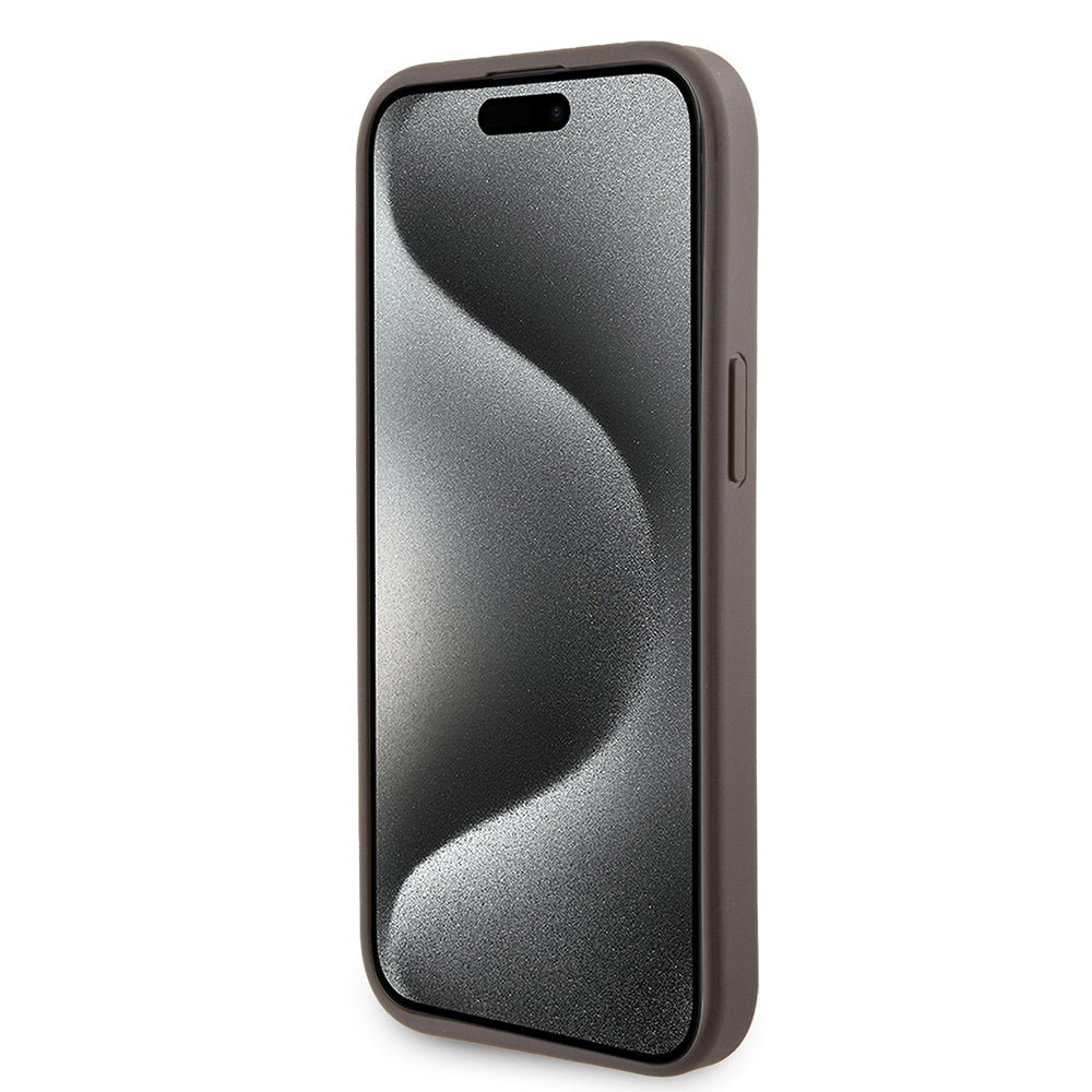 Capa para Apple iPhone 15, Guess, Grip Stand 4G Triangle Strass, Marrom