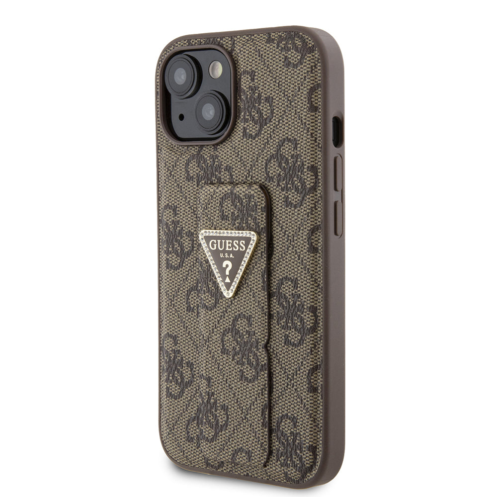 Capa para Apple iPhone 15, Guess, Grip Stand 4G Triangle Strass, Marrom