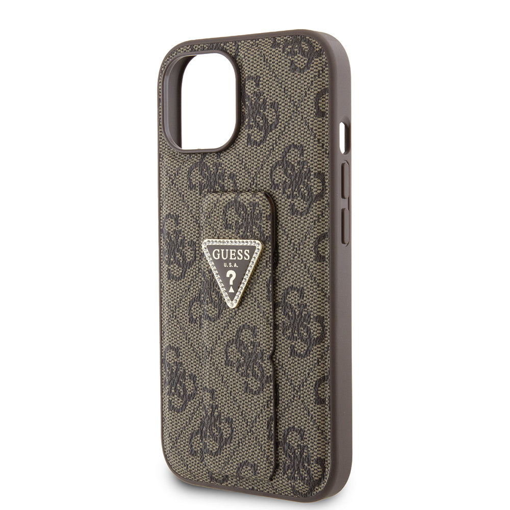 Capa para Apple iPhone 15, Guess, Grip Stand 4G Triangle Strass, Marrom