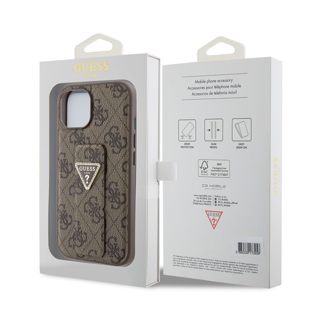 Capa para Apple iPhone 15, Guess, Grip Stand 4G Triangle Strass, Marrom