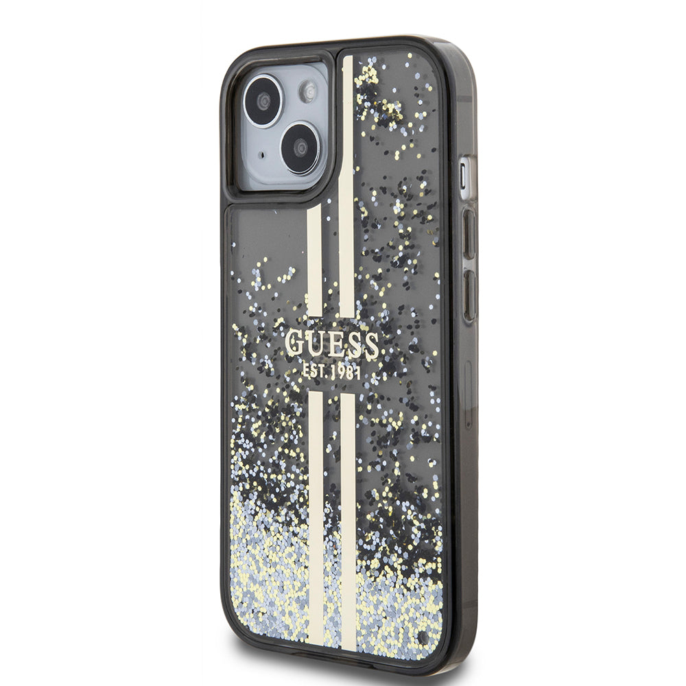Capa para Apple iPhone 15, Guess, Liquid Glitter Gold Stripes, Preta