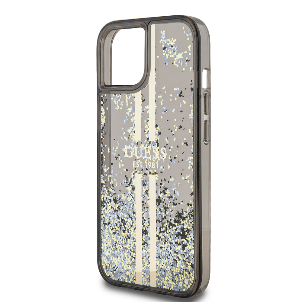 Capa para Apple iPhone 15, Guess, Liquid Glitter Gold Stripes, Preta