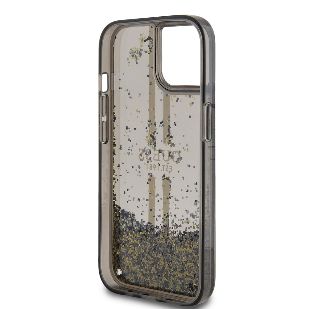 Capa para Apple iPhone 15, Guess, Liquid Glitter Gold Stripes, Preta