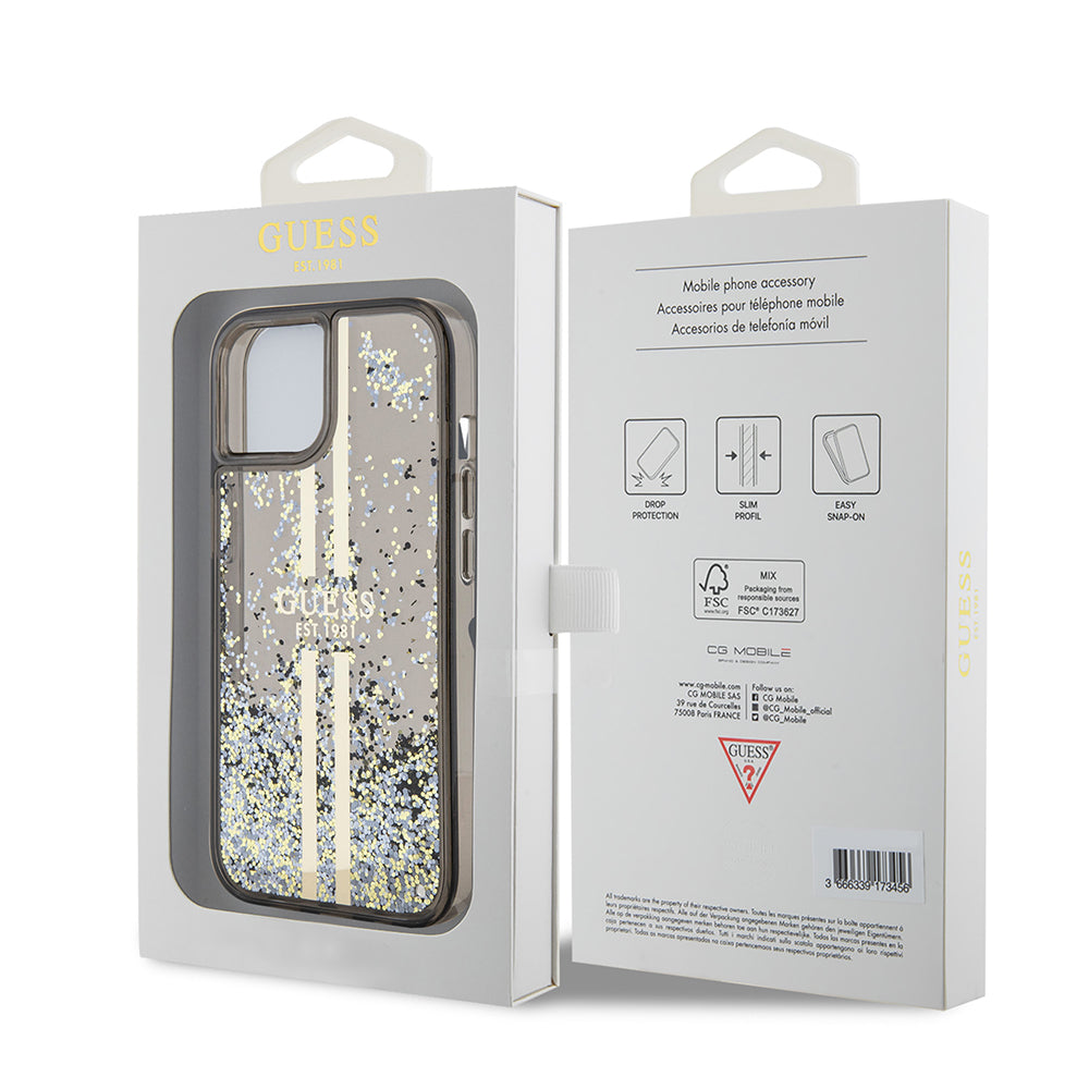 Capa para Apple iPhone 15, Guess, Liquid Glitter Gold Stripes, Preta