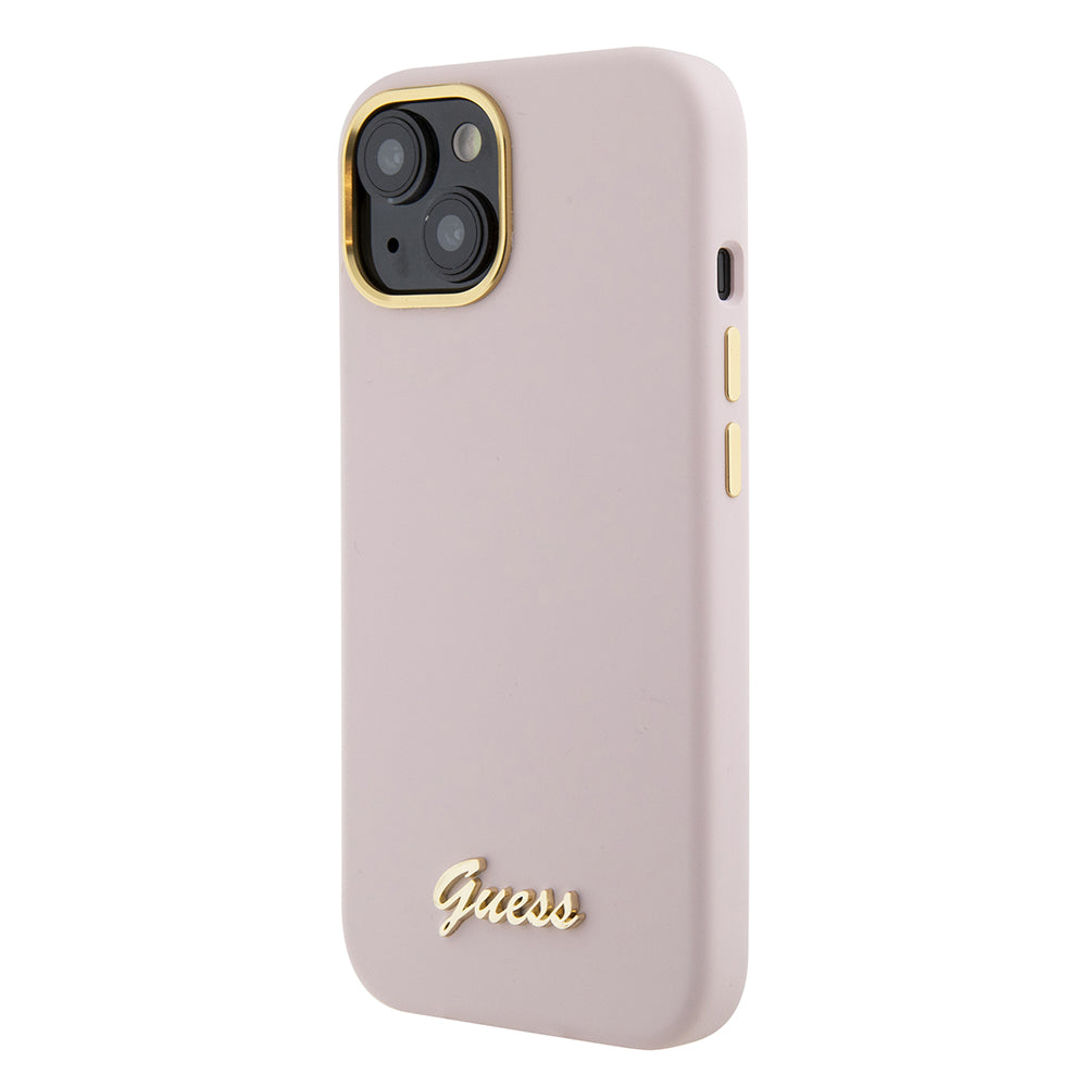 Capa para Apple iPhone 15, Guess, Script Metal Logo & Frame, Rosa Claro