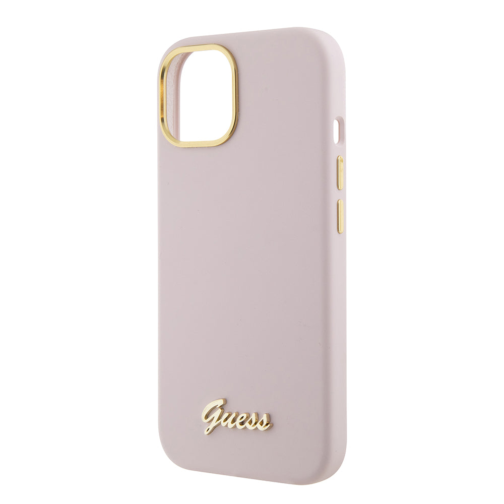 Capa para Apple iPhone 15, Guess, Script Metal Logo & Frame, Rosa Claro