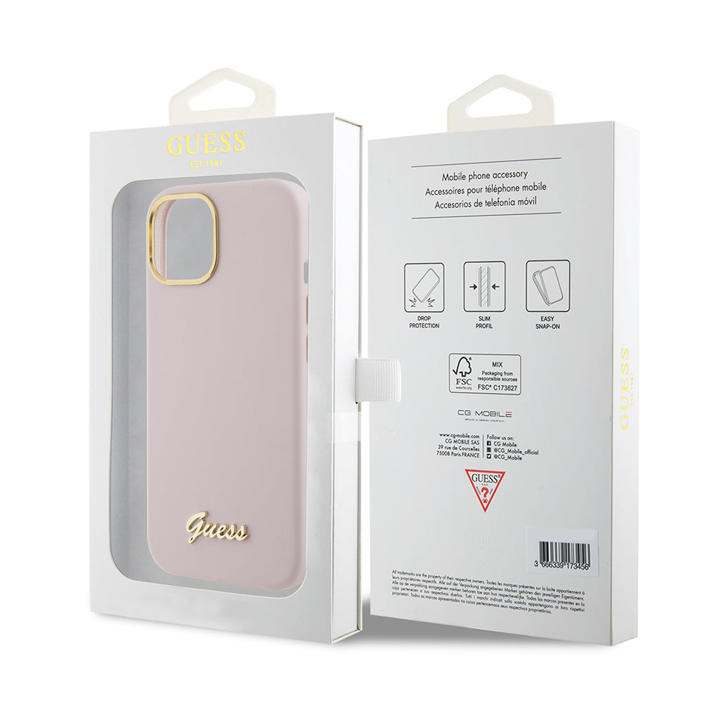 Capa para Apple iPhone 15, Guess, Script Metal Logo & Frame, Rosa Claro