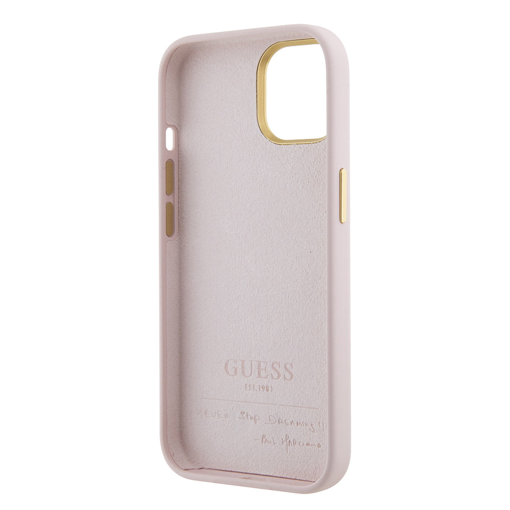 Capa para Apple iPhone 15, Guess, Script Metal Logo & Frame, Rosa Claro