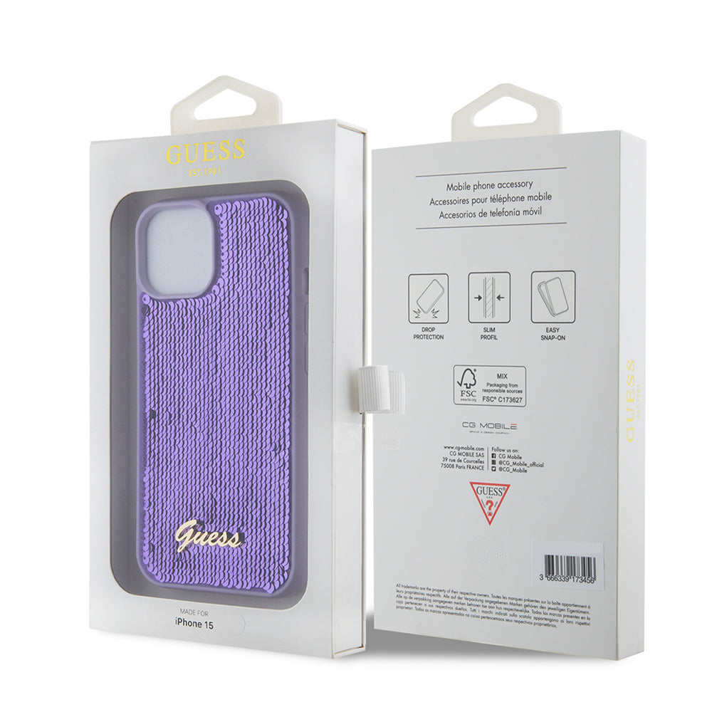 Capa para Apple iPhone 15, Guess, Sequin Script Metal, Roxo