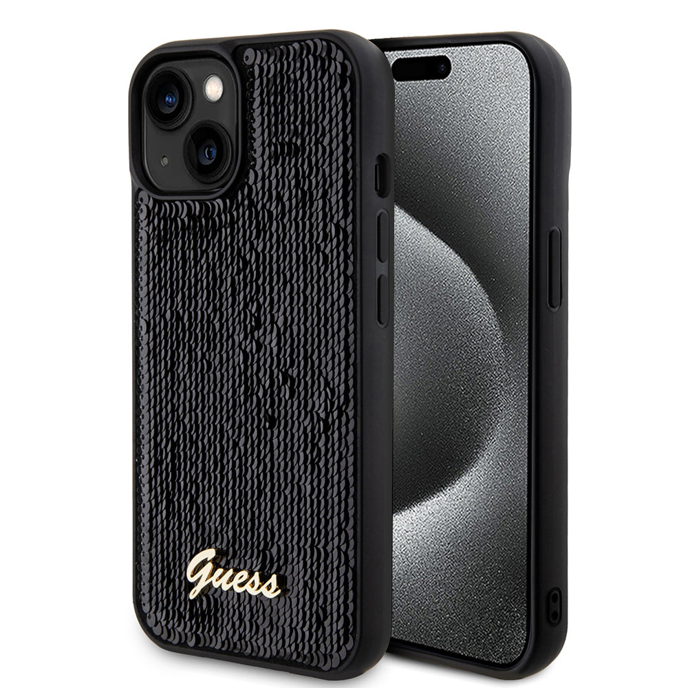 Capa para Apple iPhone 15, Guess, Sequin Script Metal, Preta