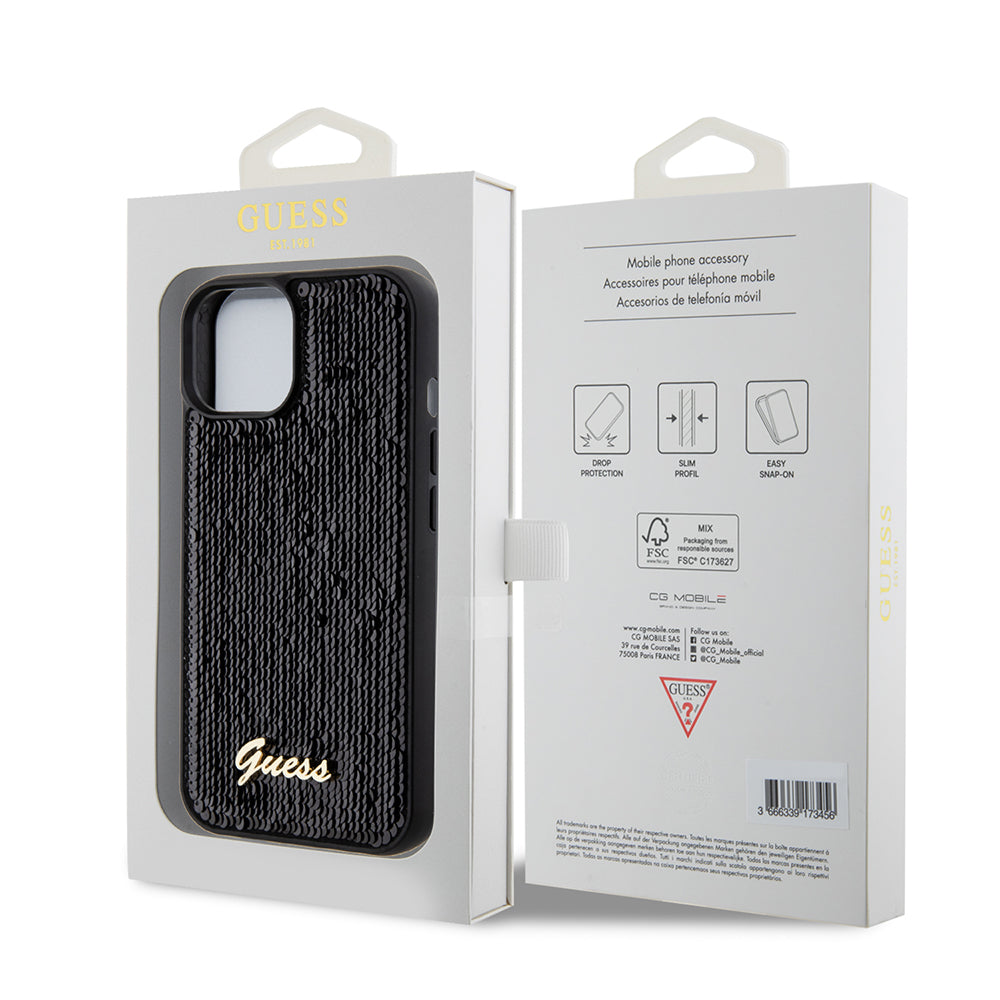 Capa para Apple iPhone 15, Guess, Sequin Script Metal, Preta
