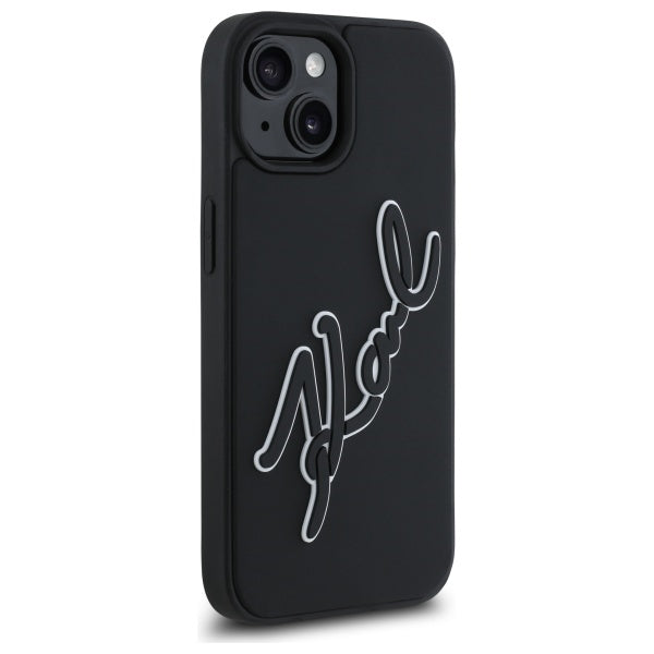 Capa para Apple iPhone 15, Karl Lagerfeld, Assinatura de Borracha 3D, Preta