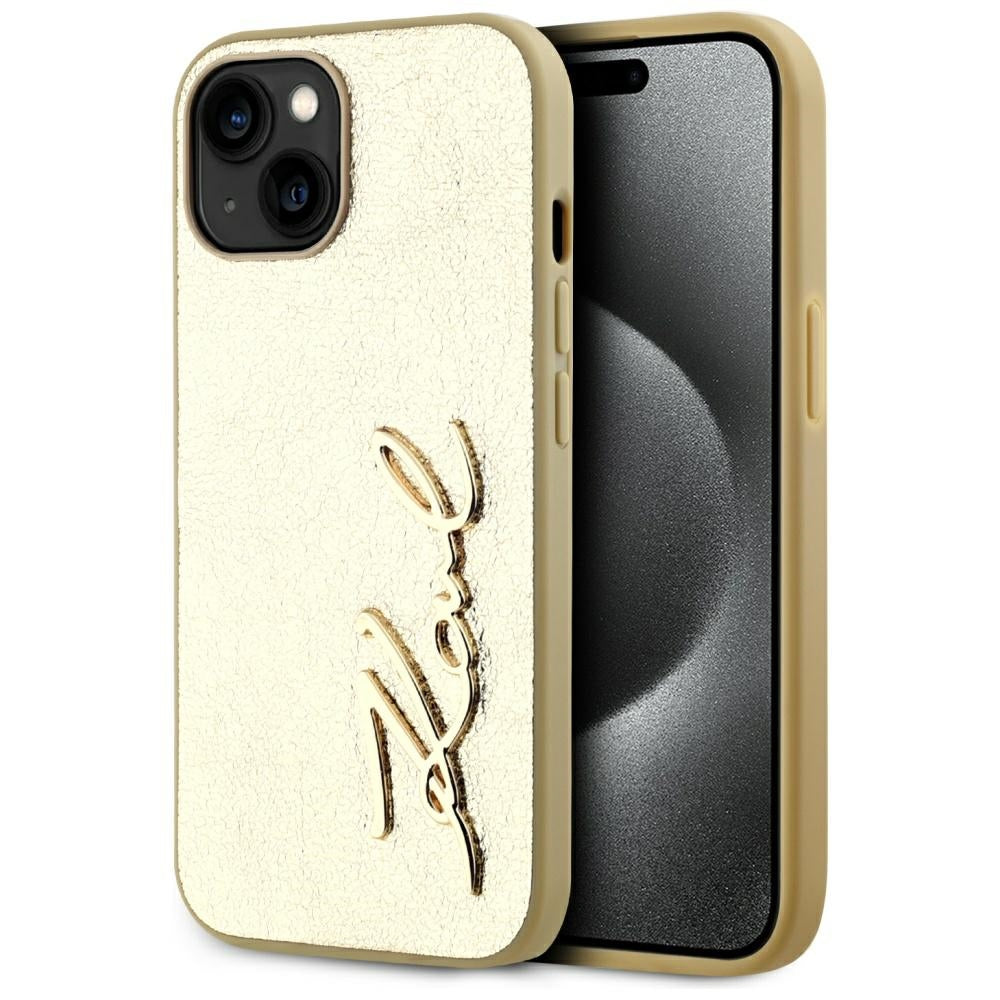 Capa para Apple iPhone 15, Karl Lagerfeld, Metal Signature, Dourada