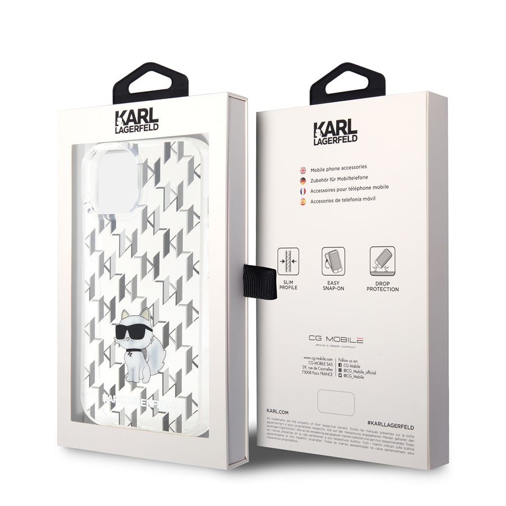 Capa para Apple iPhone 15, Karl Lagerfeld, Monogram Choupette, Transparente