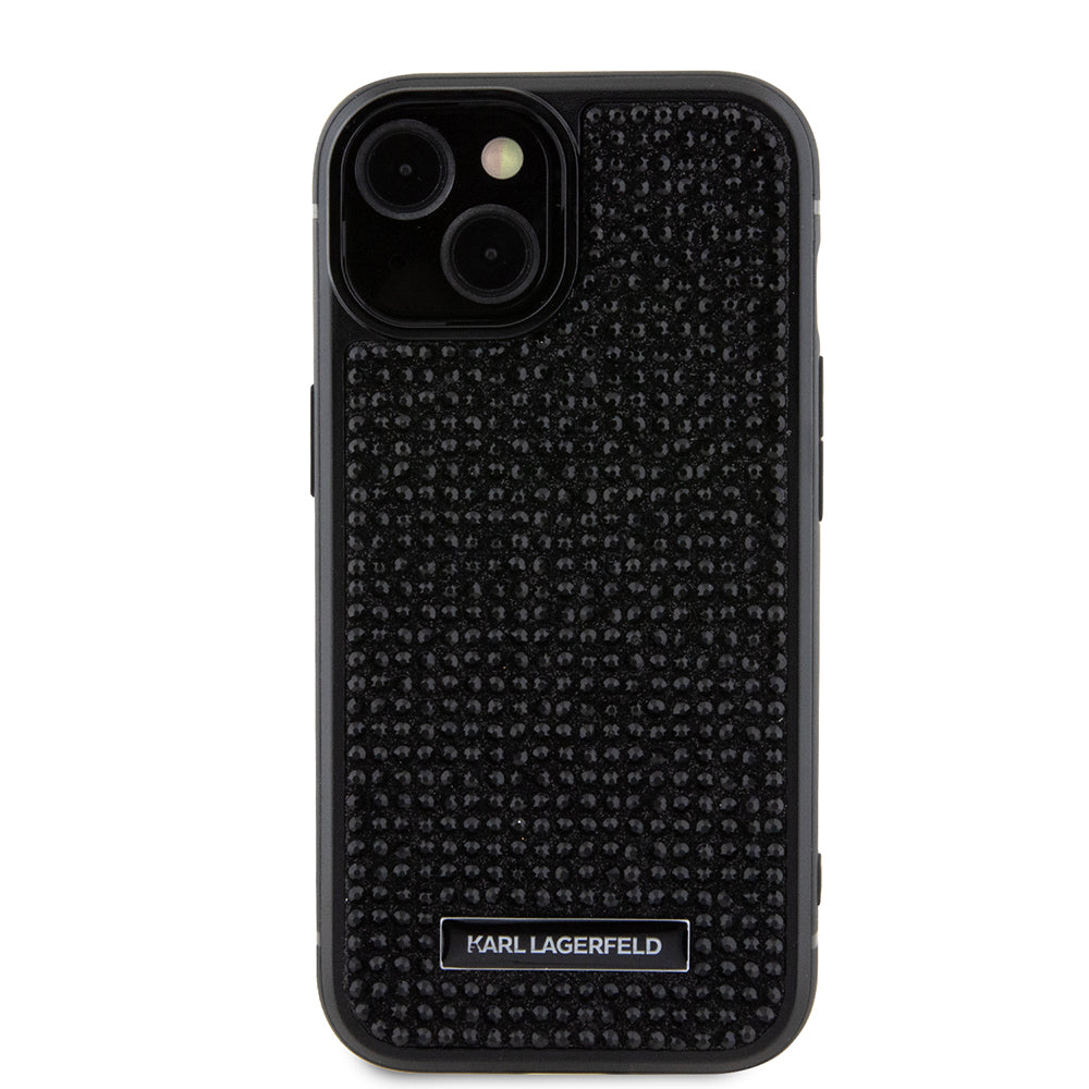 Capa para Apple iPhone 15, Karl Lagerfeld, Placa de Metal com Strass, Preta