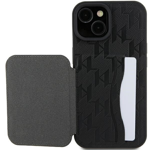 Capa para Apple iPhone 15, Karl Lagerfeld, Saffiano Cardslots and Stand Monogram Choupette, Preta