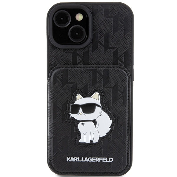Capa para Apple iPhone 15, Karl Lagerfeld, Saffiano Cardslots and Stand Monogram Choupette, Preta