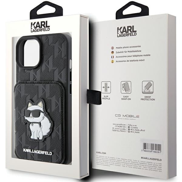 Capa para Apple iPhone 15, Karl Lagerfeld, Saffiano Cardslots and Stand Monogram Choupette, Preta