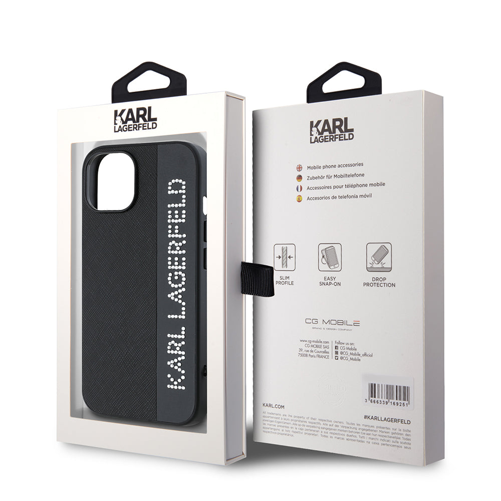 Case for Apple iPhone 15, Karl Lagerfeld, Saffiano Rhinestones & Charm, Black