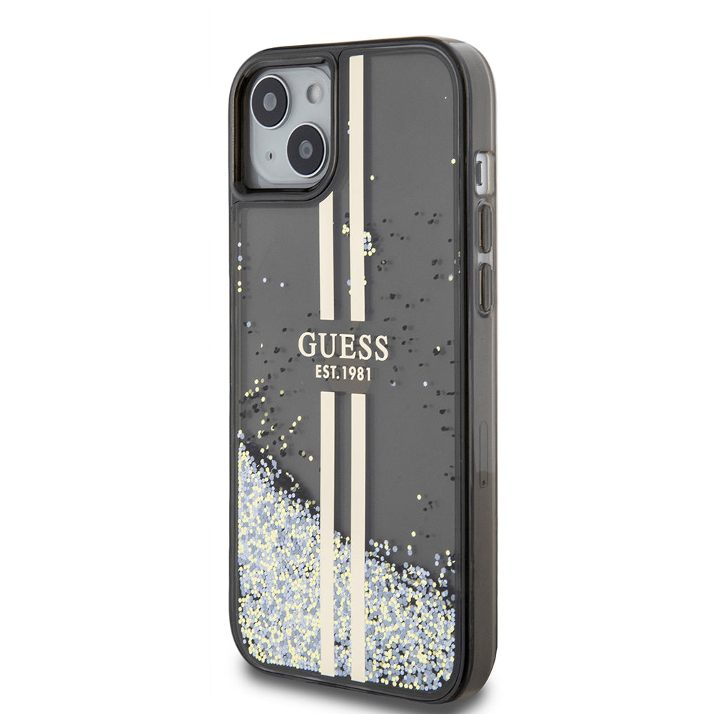 Capa para Apple iPhone 15 Plus, Guess, Liquid Glitter Gold Stripes, Preta