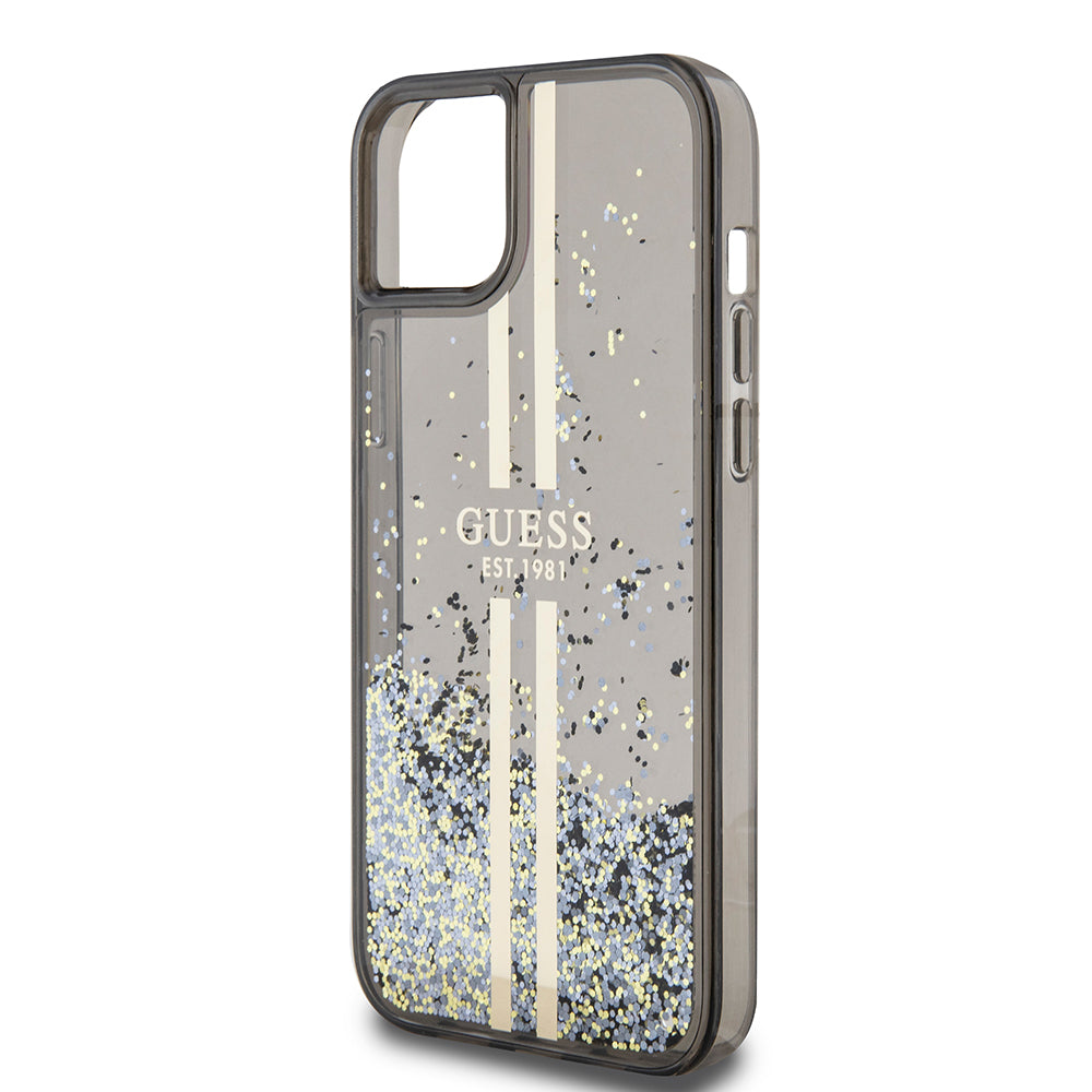 Capa para Apple iPhone 15 Plus, Guess, Liquid Glitter Gold Stripes, Preta