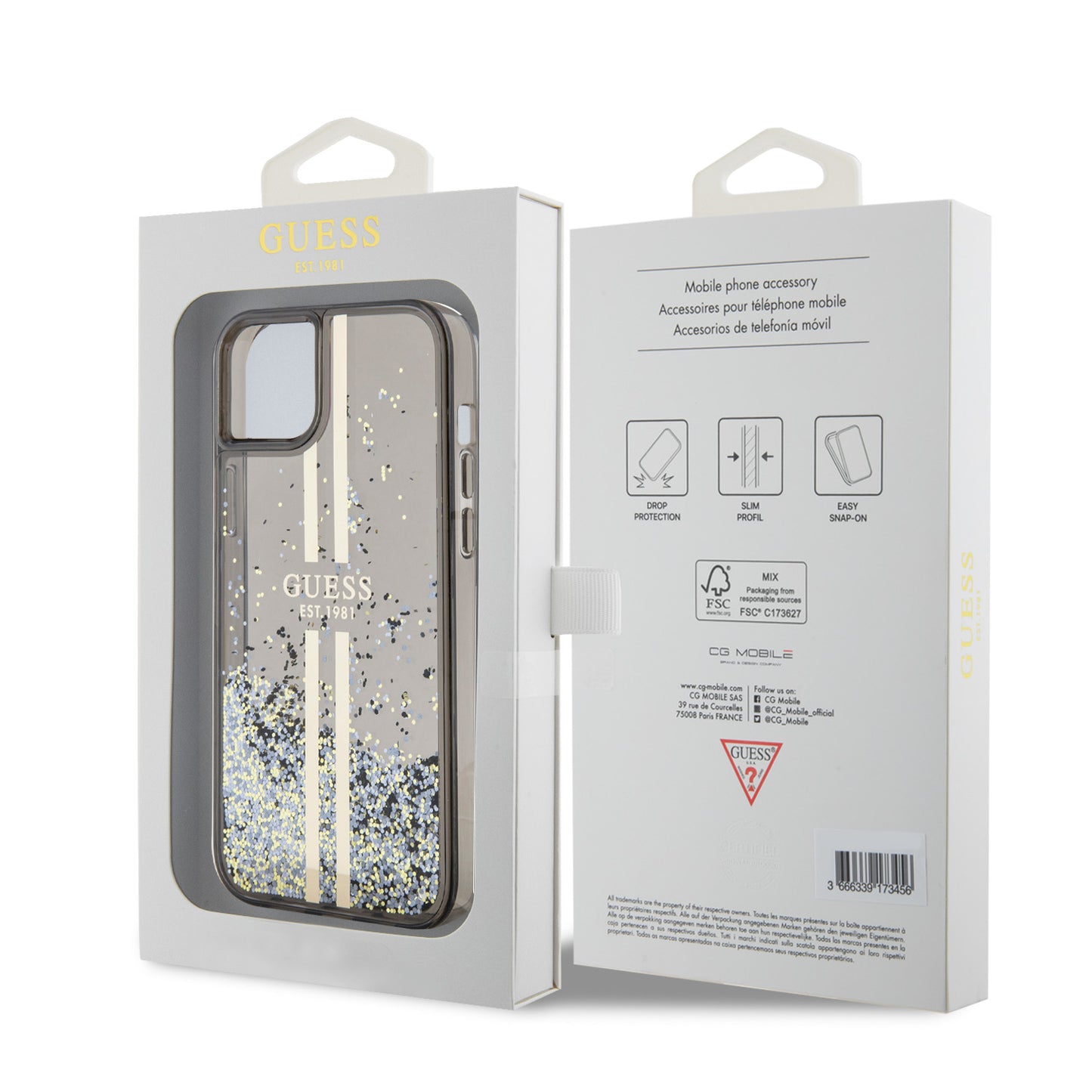 Capa para Apple iPhone 15 Plus, Guess, Liquid Glitter Gold Stripes, Preta