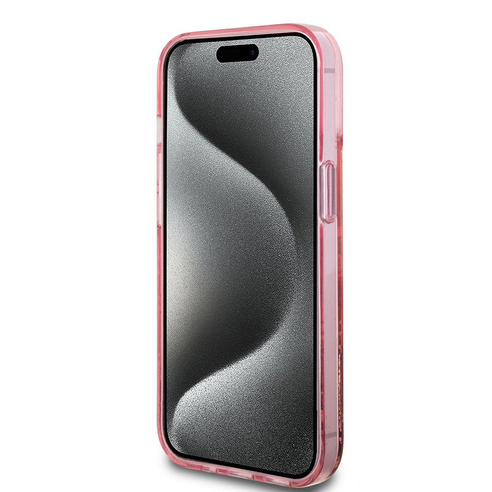 Capa para Apple iPhone 15 Plus, Guess, Liquid Glitter Gold Stripes, Rosa
