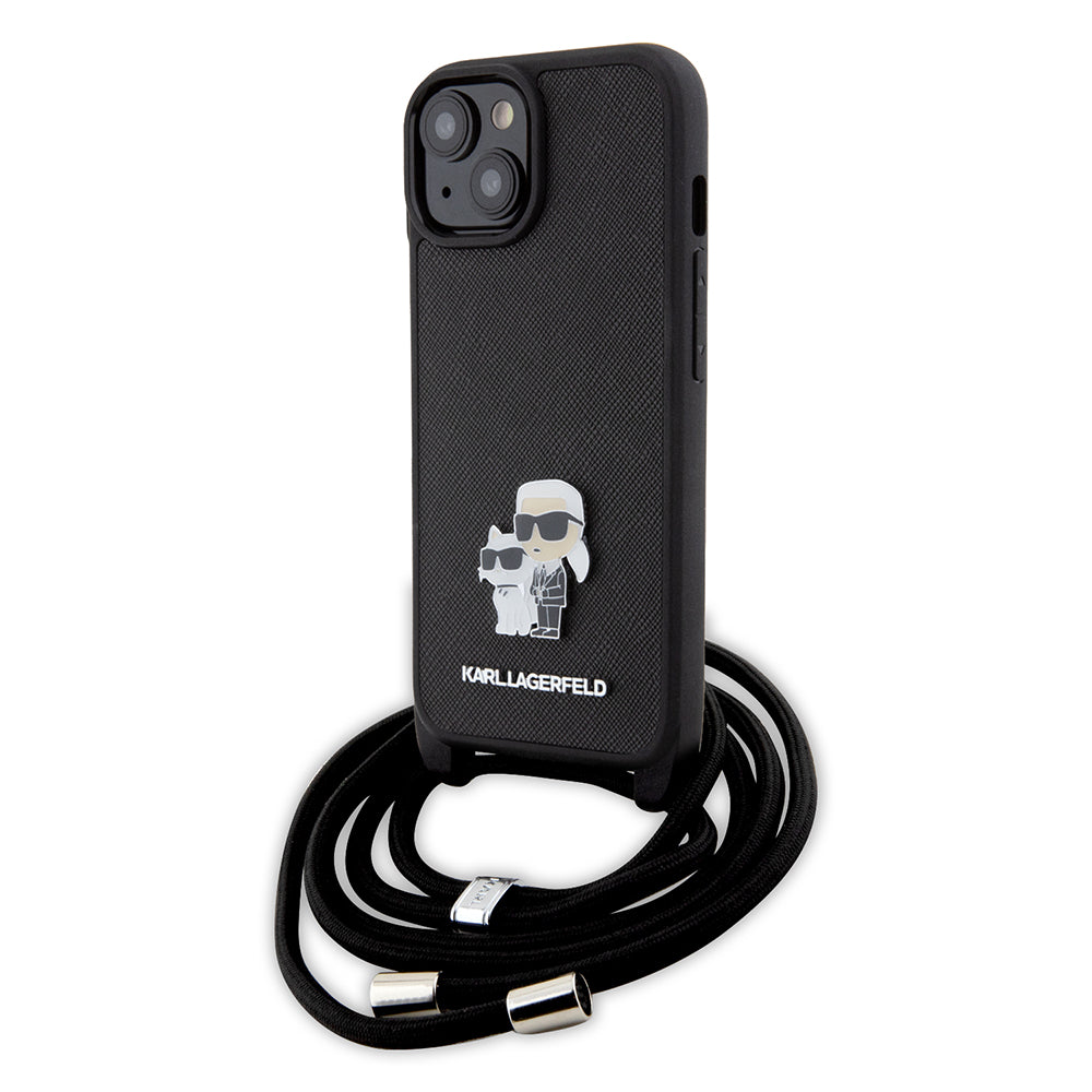 Capa para Apple iPhone 15 Plus, Karl Lagerfeld, Saffiano Crossbody Metal Pin Karl & Choupette, Preta
