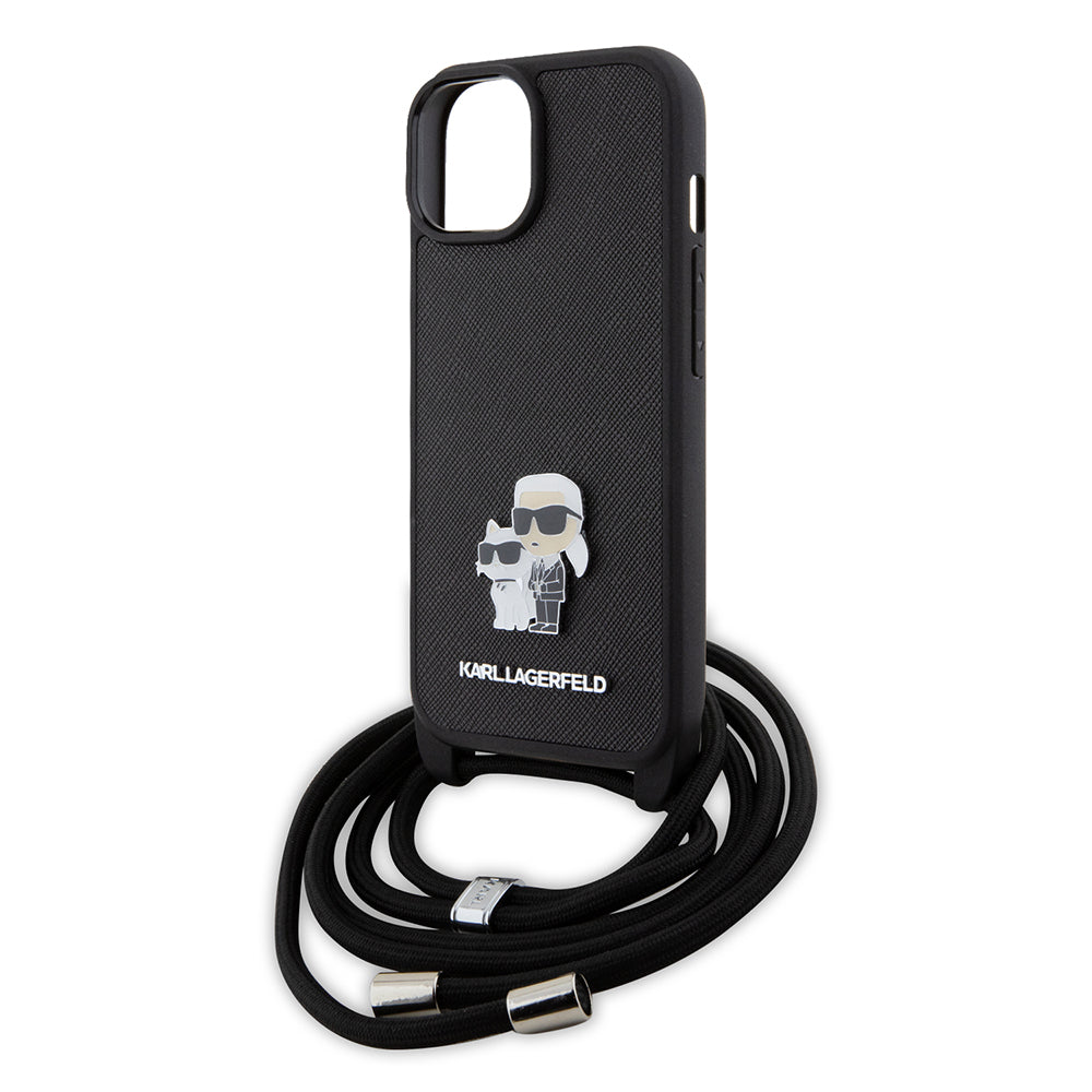 Capa para Apple iPhone 15 Plus, Karl Lagerfeld, Saffiano Crossbody Metal Pin Karl & Choupette, Preta