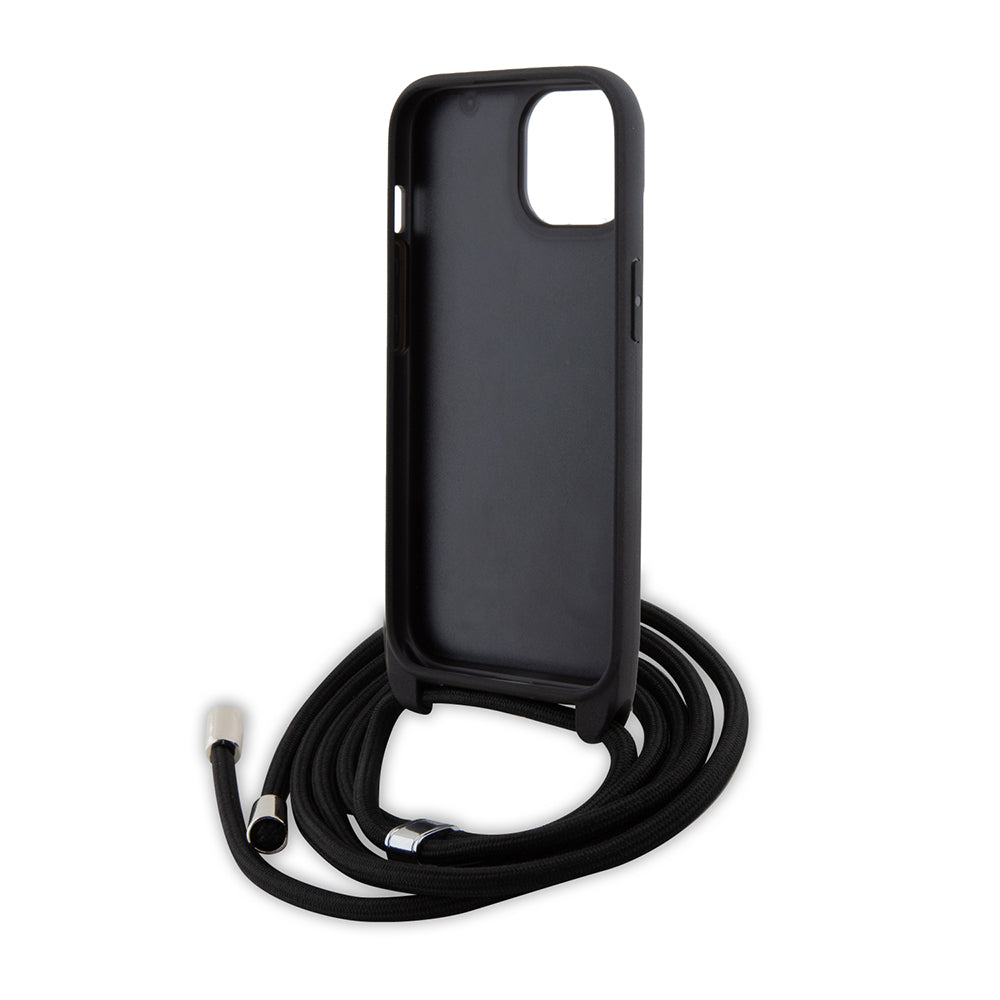Capa para Apple iPhone 15 Plus, Karl Lagerfeld, Saffiano Crossbody Metal Pin Karl & Choupette, Preta