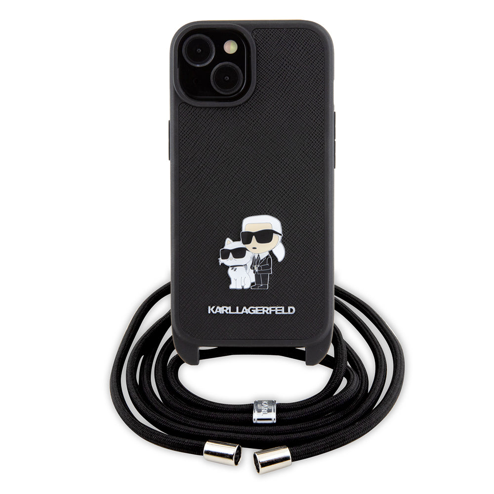 Capa para Apple iPhone 15 Plus, Karl Lagerfeld, Saffiano Crossbody Metal Pin Karl & Choupette, Preta