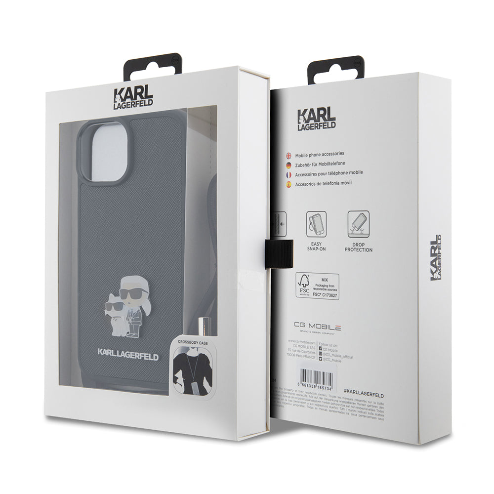 Capa para Apple iPhone 15 Plus, Karl Lagerfeld, Saffiano Crossbody Metal Pin Karl & Choupette, Preta