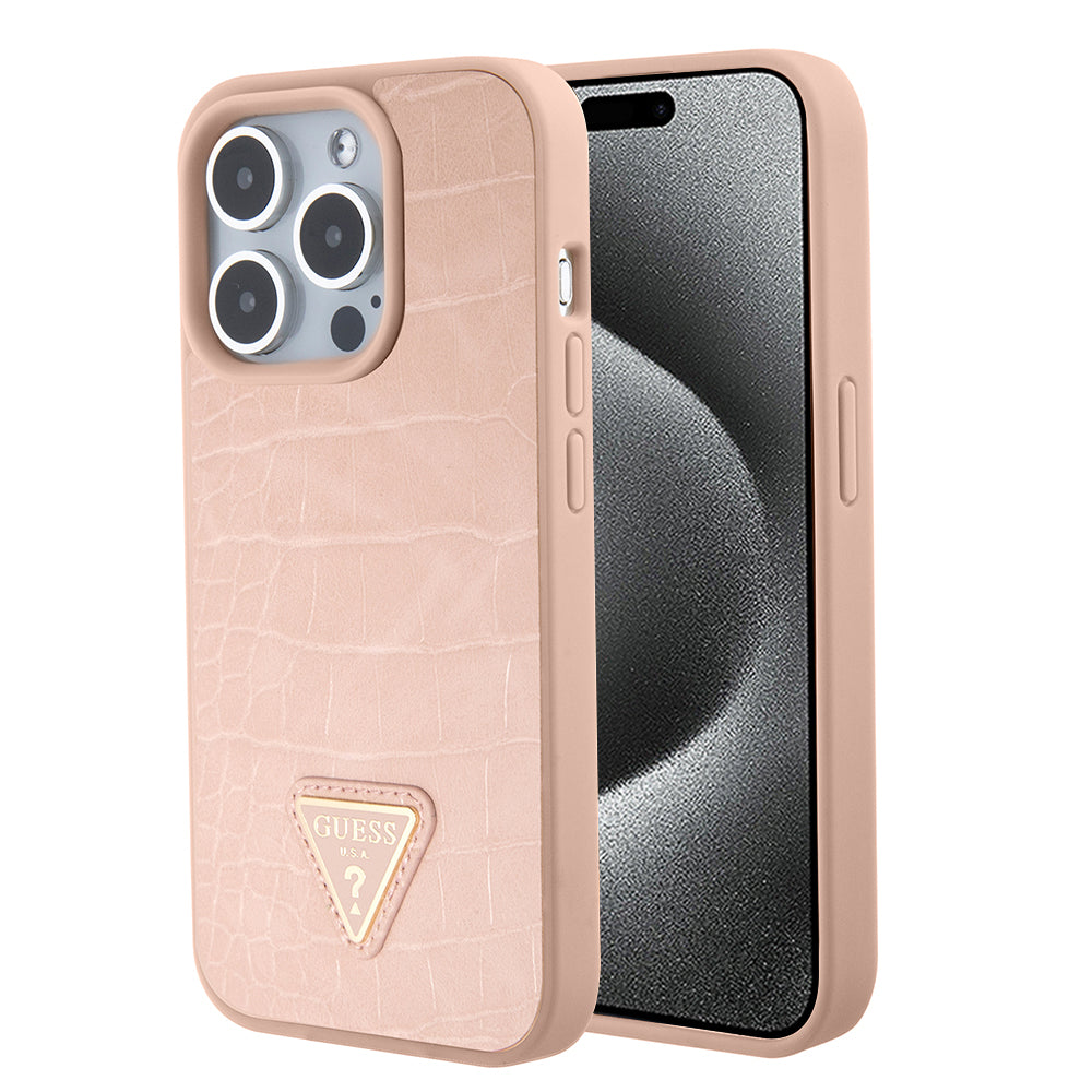 Capa para Apple iPhone 15 Pro, Guess, Croco Triangle Metal Logo, Rosa