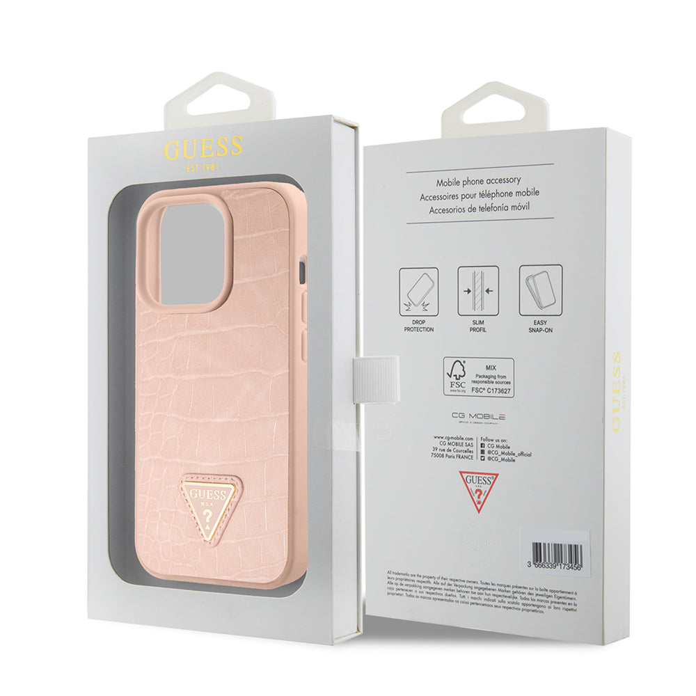 Capa para Apple iPhone 15 Pro, Guess, Croco Triangle Metal Logo, Rosa