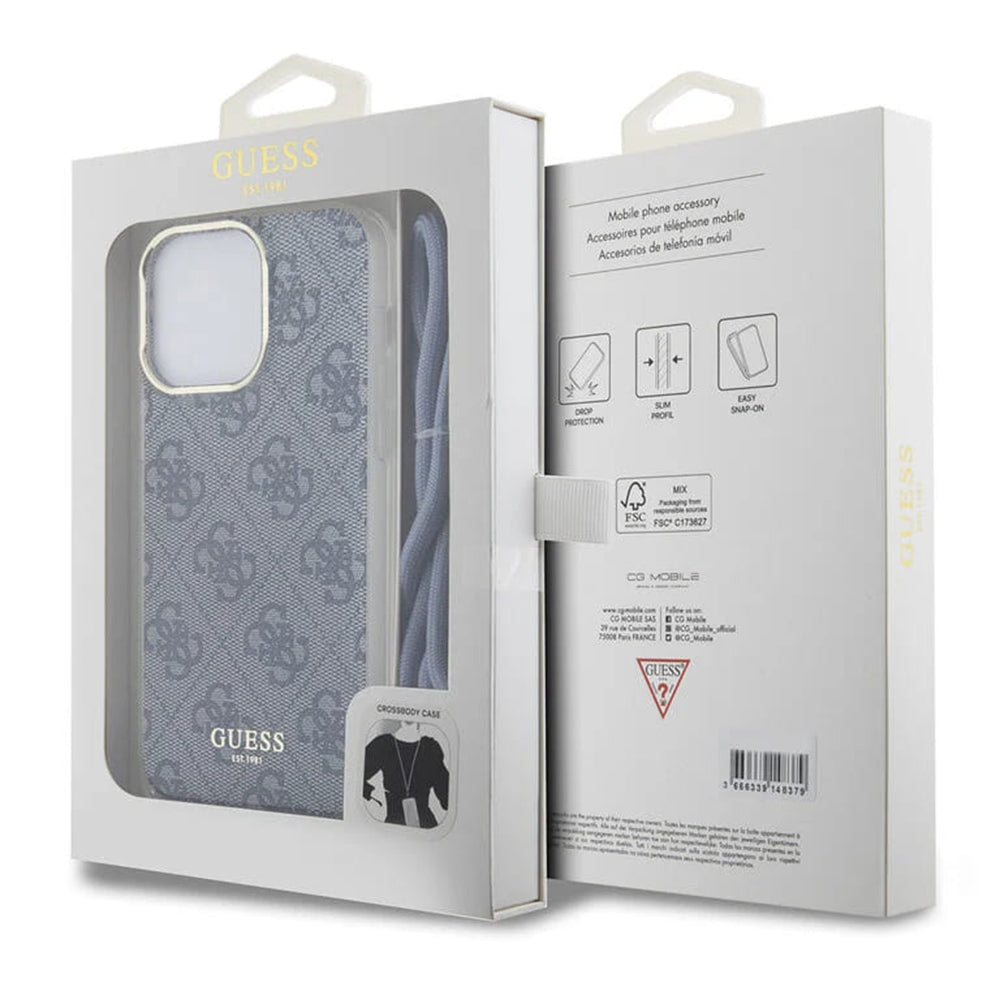 Capa para Apple iPhone 15 Pro, Guess, Crossbody Cord 4G Print, Azul