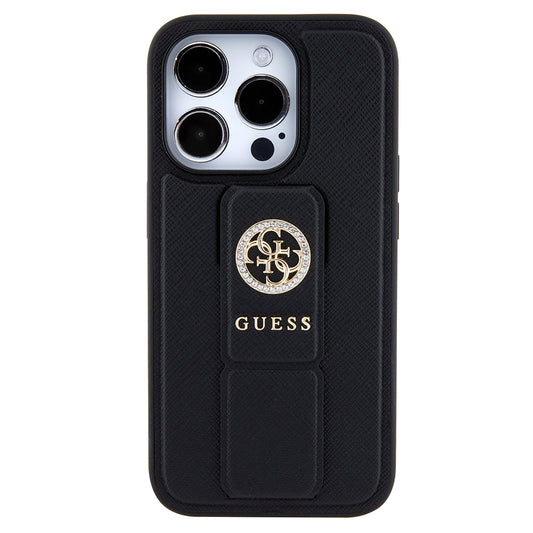 Capa para Apple iPhone 15 Pro, Guess, Grip Stand 4G Saffiano Strass, Preta