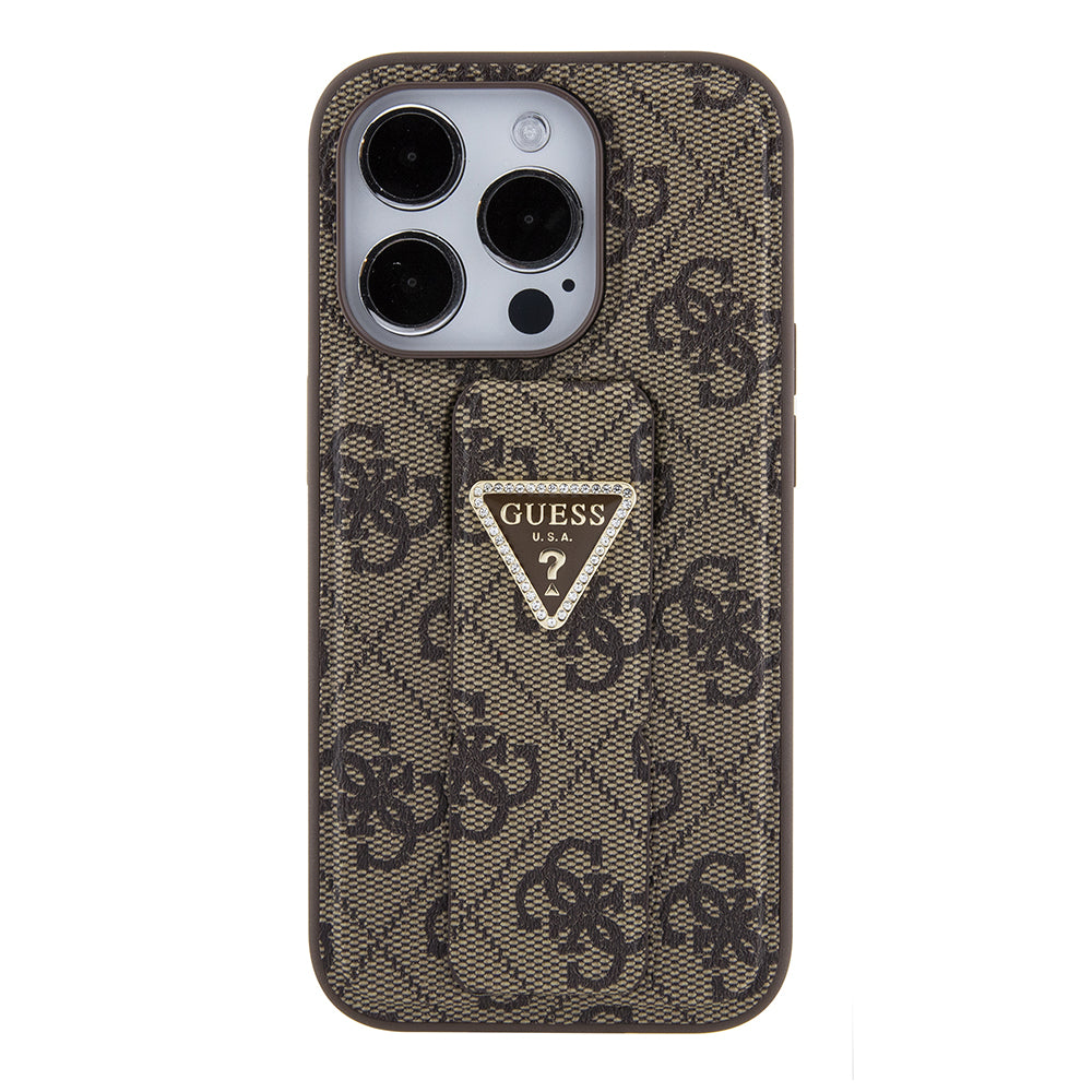 Capa para Apple iPhone 15 Pro, Guess, Grip Stand 4G Triangle Strass, Marrom