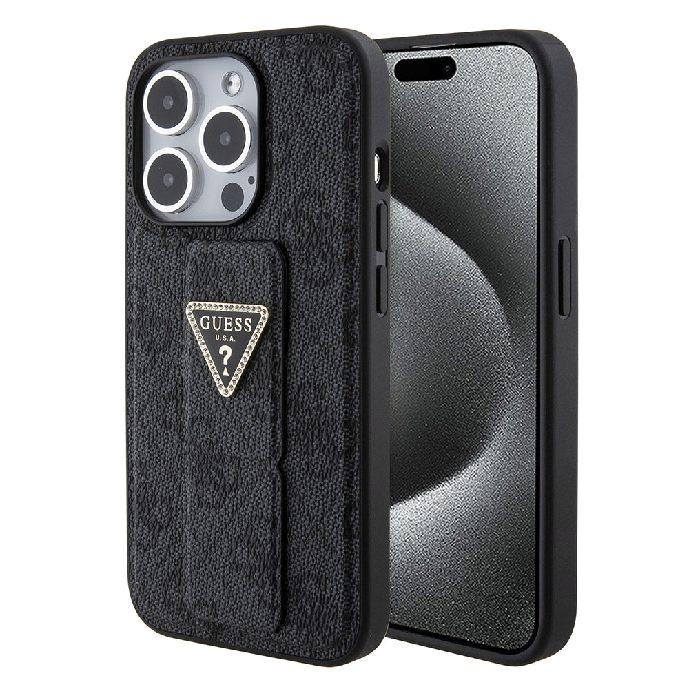 Capa para Apple iPhone 15 Pro, Guess, Grip Stand 4G Triangle Strass, Preta