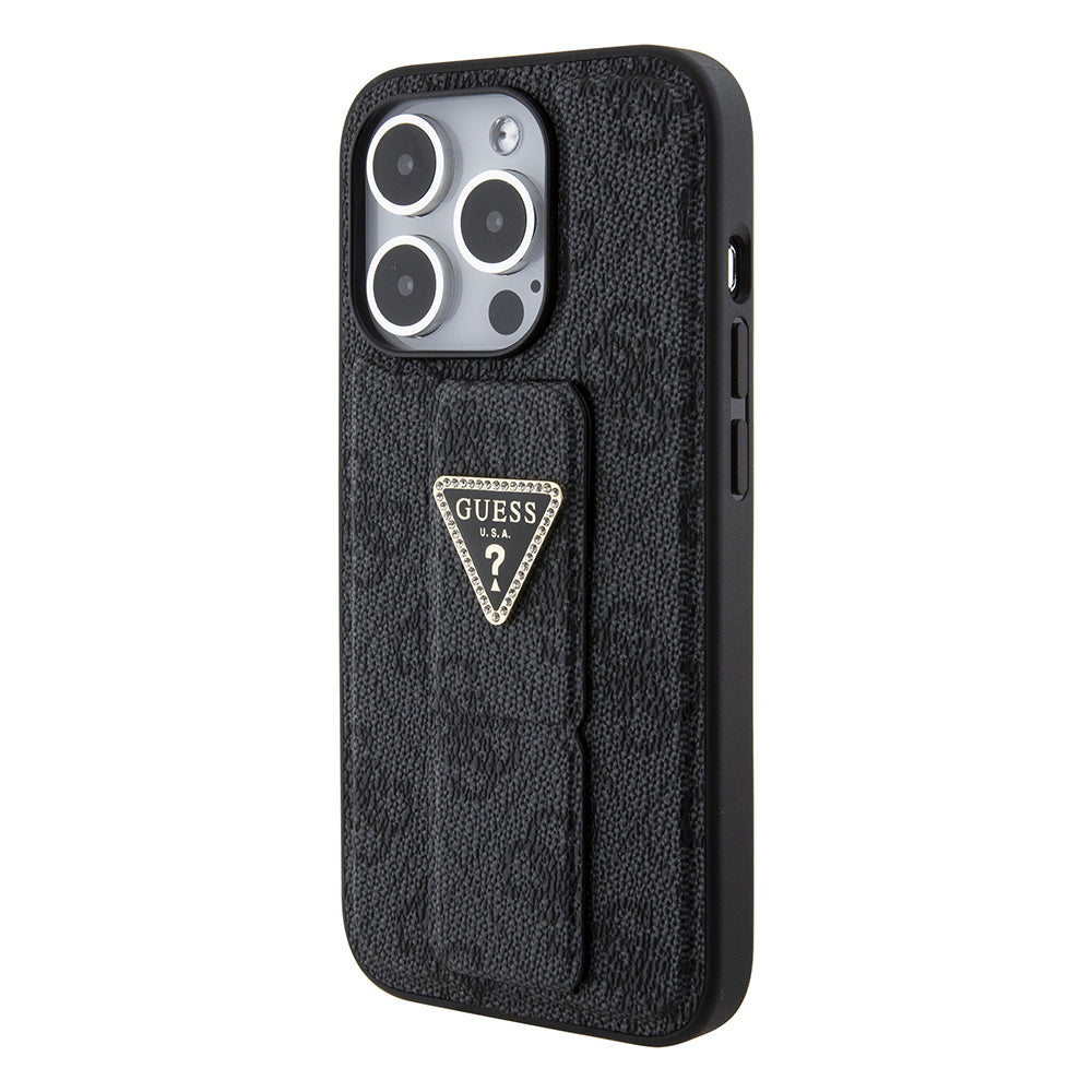 Capa para Apple iPhone 15 Pro, Guess, Grip Stand 4G Triangle Strass, Preta