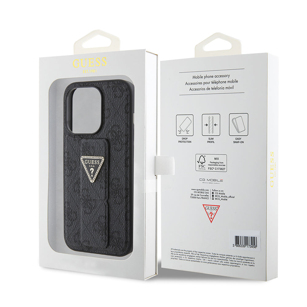 Capa para Apple iPhone 15 Pro, Guess, Grip Stand 4G Triangle Strass, Preta