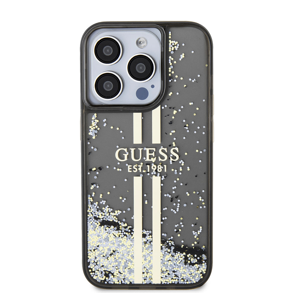 Capa para Apple iPhone 15 Pro, Guess, Liquid Glitter Gold Stripe, Preta