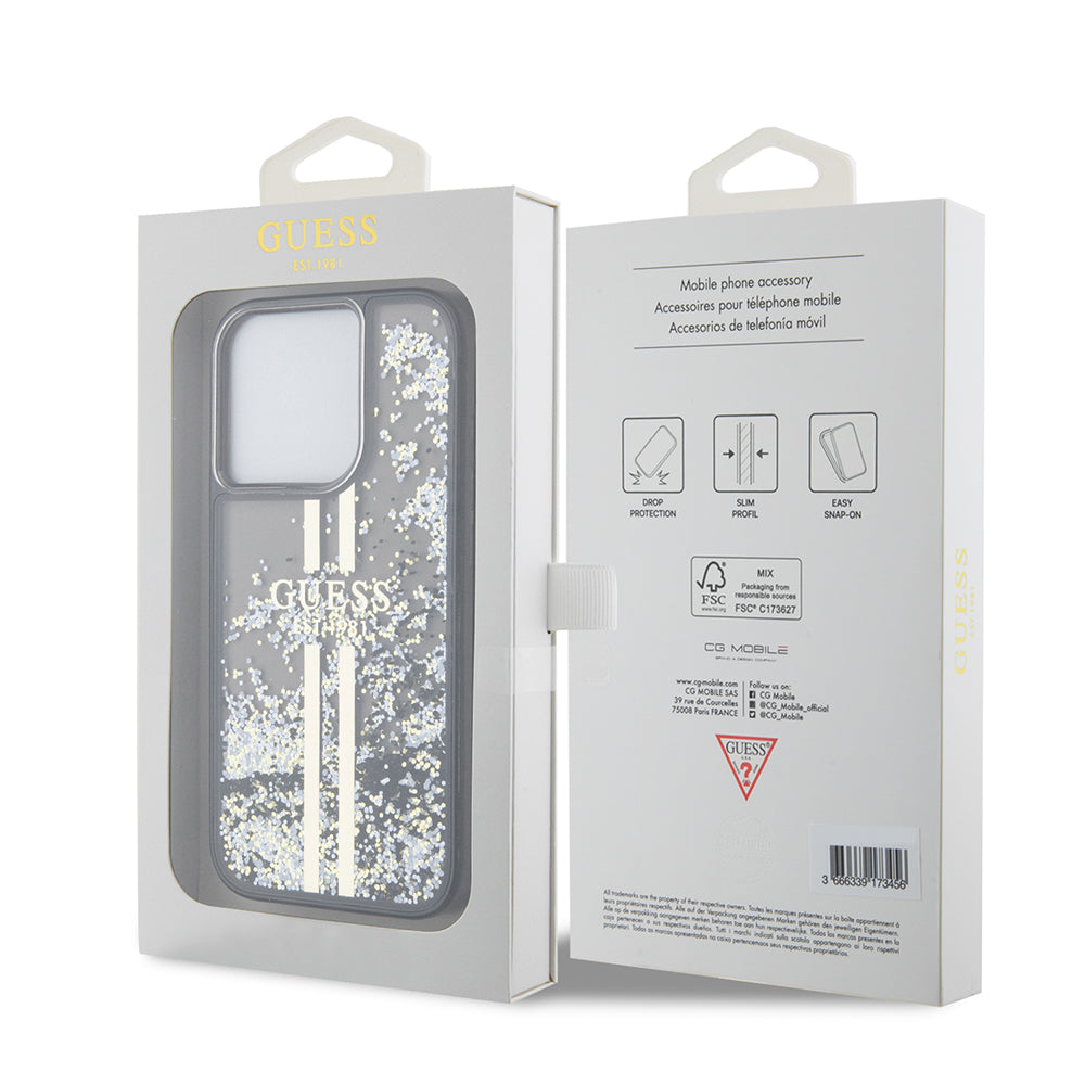 Capa para Apple iPhone 15 Pro, Guess, Liquid Glitter Gold Stripe, Preta