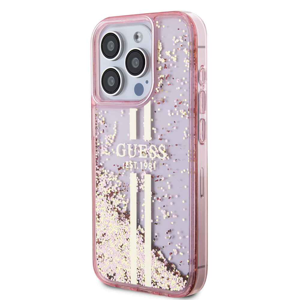 Capa para Apple iPhone 15 Pro, Guess, Liquid Glitter Gold Stripes, Rosa