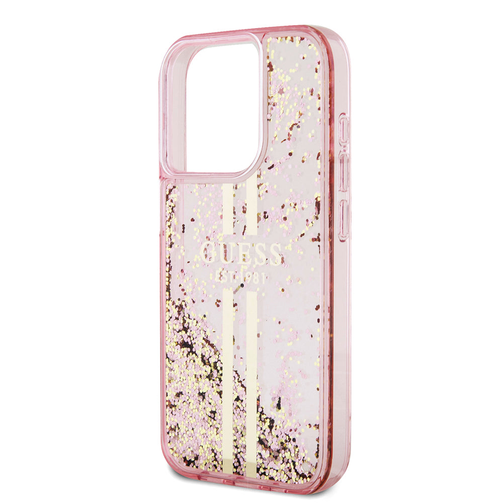 Capa para Apple iPhone 15 Pro, Guess, Liquid Glitter Gold Stripes, Rosa