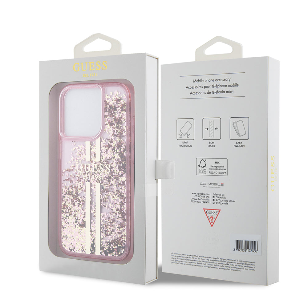 Capa para Apple iPhone 15 Pro, Guess, Liquid Glitter Gold Stripes, Rosa