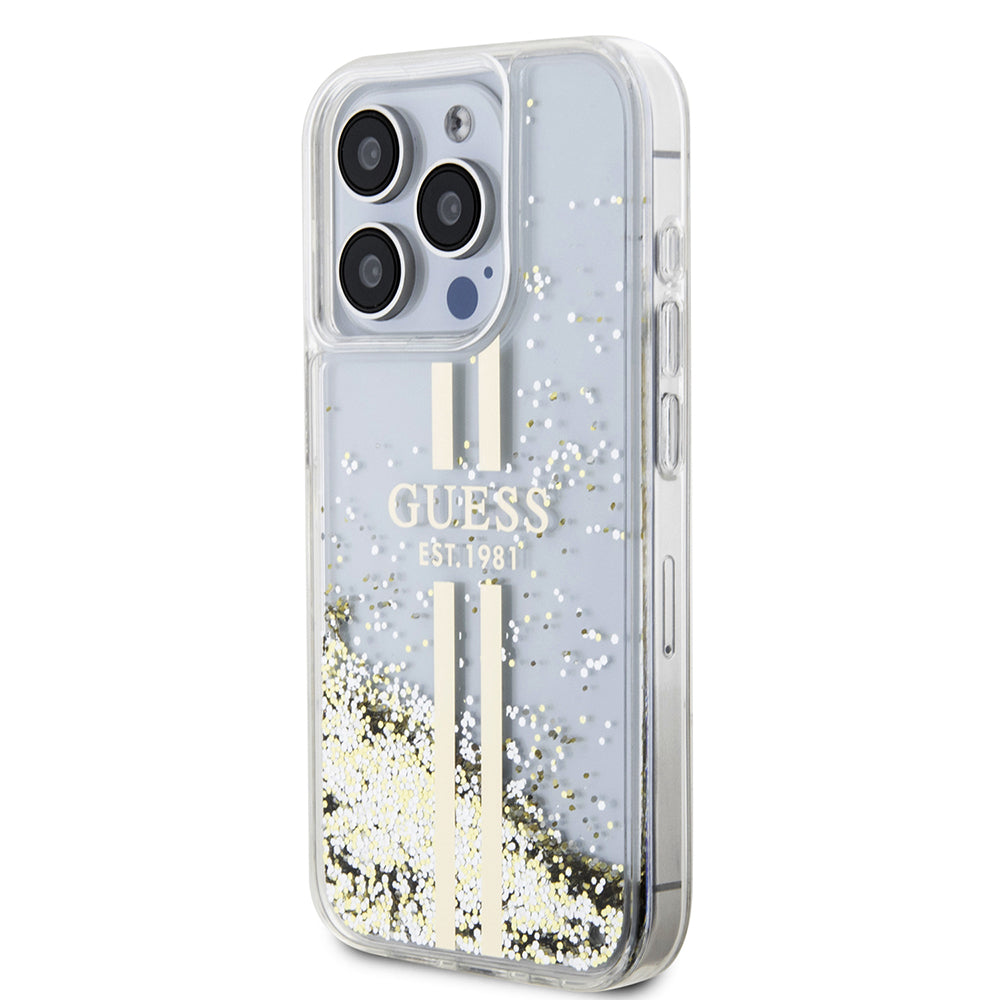 Capa para Apple iPhone 15 Pro, Guess, Liquid Glitter Gold Stripes, Transparente