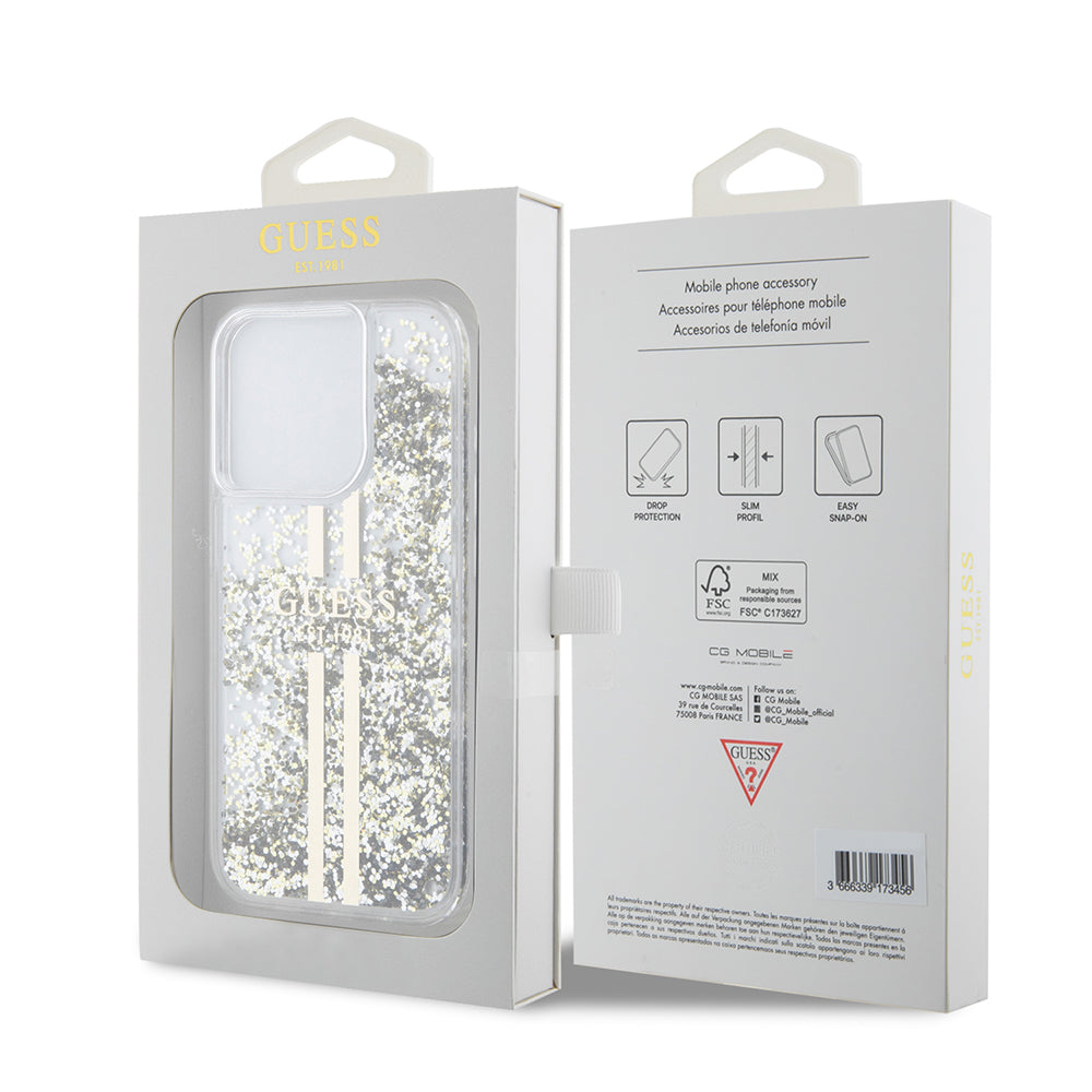 Capa para Apple iPhone 15 Pro, Guess, Liquid Glitter Gold Stripes, Transparente