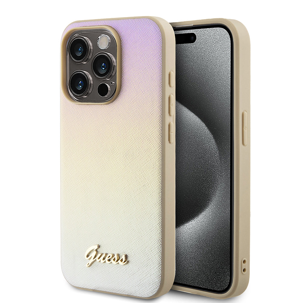 Capa para Apple iPhone 15 Pro, Guess, Saffiano Iridescent Script, Dourada